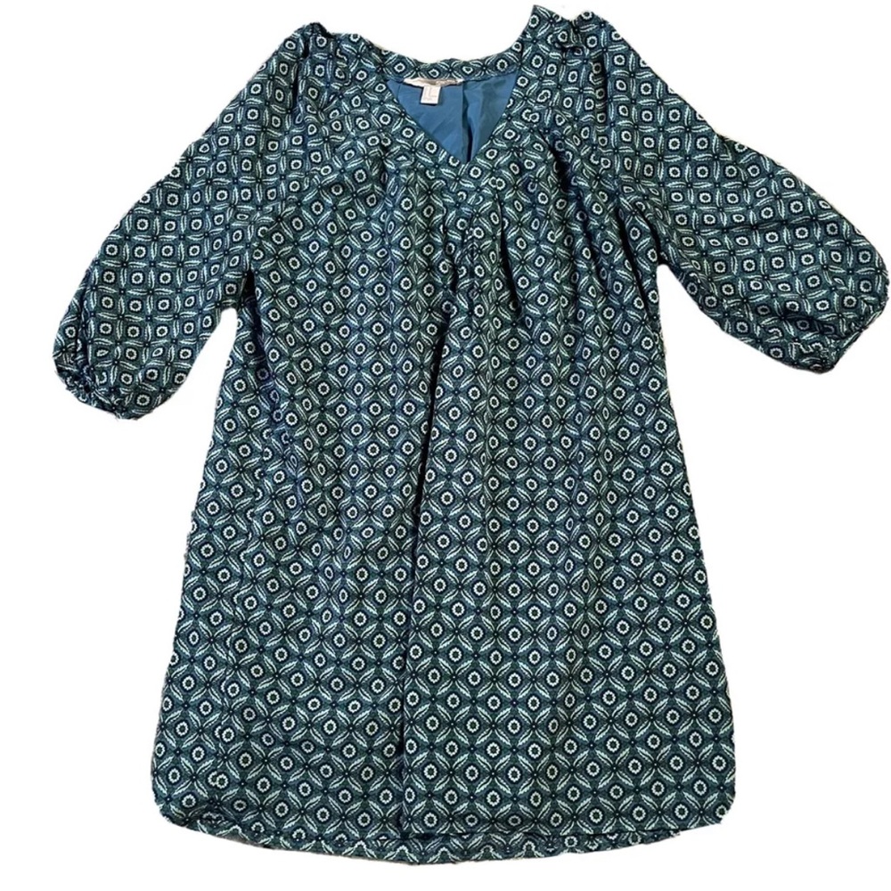 M - Women's FOREVER21 Blue Floral Patterned Dress 3/4 Sleeve V Neck